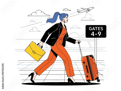 Woman traveling with luggage and bag on airport runway with airplane in sky