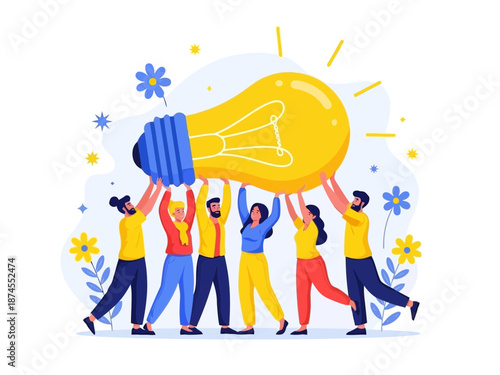 Group of people holding a large light bulb in a team effort
