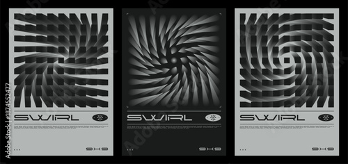 Abstract array poster techno swirl illusions and 3D geometric spikes. Grayscale optical gradient design. Vector collection