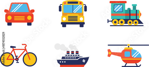 Transportation Vehicle Icons Set with Car Bus Train Ship Bicycle and Helicopter Vector