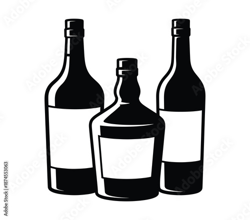 Alcohol bottles in silhouette, Wine bottle, The bottles are blank templates for various alcoholic beverages such as wine, whiskey, or other spirits