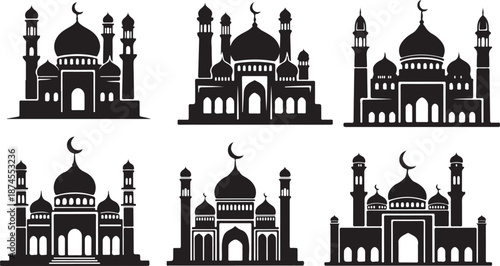 Collection of six detailed Islamic mosque architecture illustrations with domes and minarets building