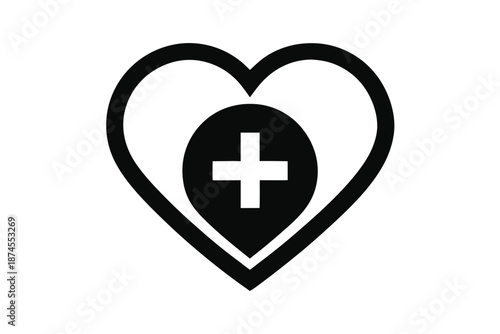 Heart Shape with Plus Sign in Center on White Background Icon Health