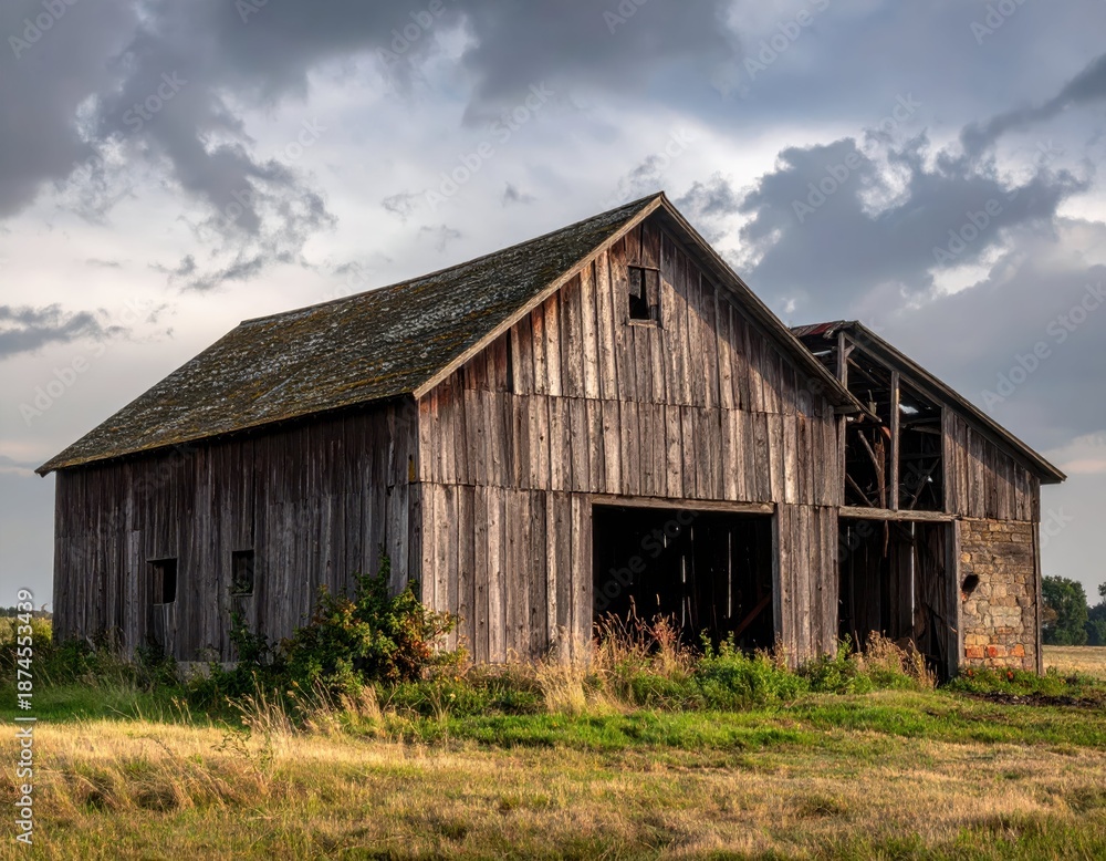 Obraz premium Rustic Barn in a Countryside Landscape Under Dramatic Cloudy Sky
