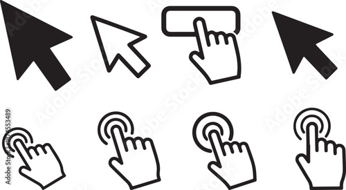 Set of hand cursors and navigation arrows with transparent background pointer