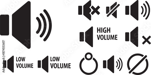 Volume control icons with high and low sound levels on white background audio
