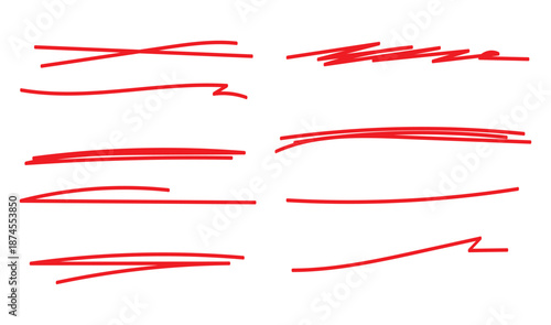 Red hand drawn brush strokes set. Sketched doodle scrawl lines collection. Zig zag, wavy, squiggle scribble stripe pack. Red marker note sign bundle for mark, emphasis, accent, highlight. Vector 