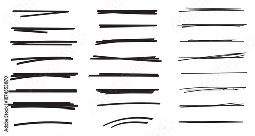 Black hand drawn brush stroke underline set with rough ink texture. Abstract calligraphic lines for text emphasis, highlighting, dividers, and modern graphic design projects. 