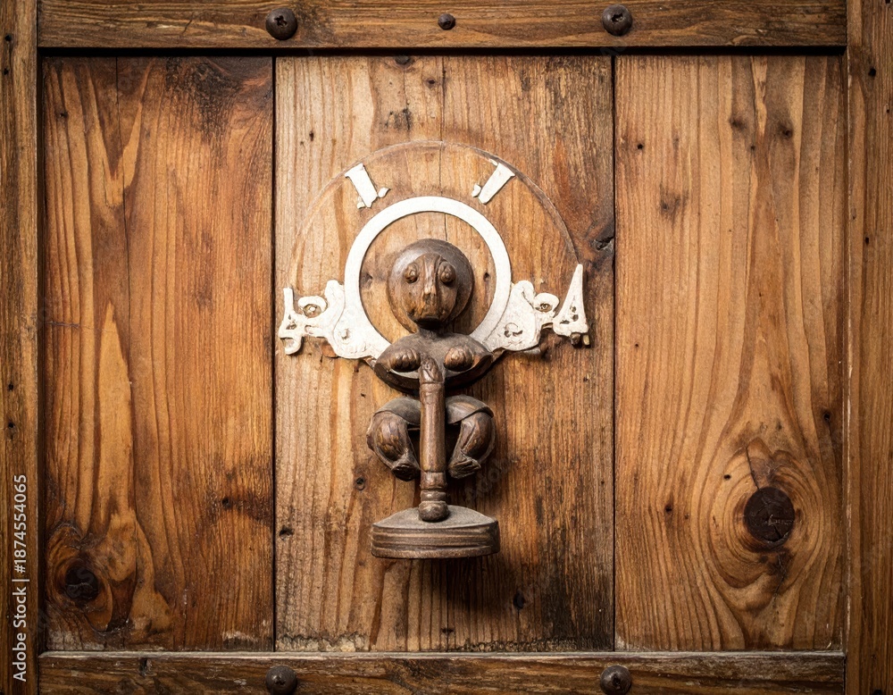 Obraz premium Intricate Wooden Carving of a Figure Holding a Door Knocker