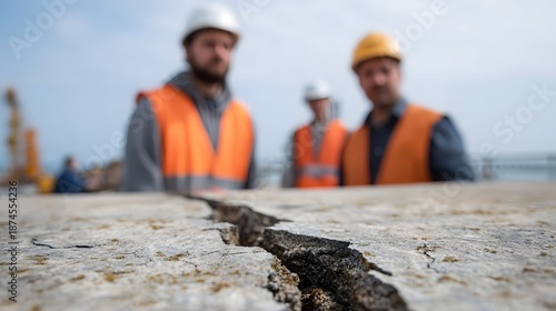Wallpaper Mural Engineers in hard hats and safety vests inspect a large crack in a concrete structure outdoors on a construction site Torontodigital.ca