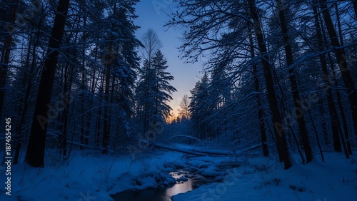 Winter Forest Silhouette at Dusk Blue