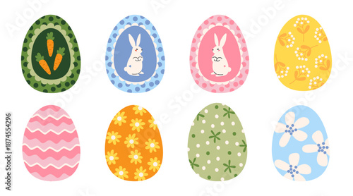 Vector illustration set of decorated Easter eggs with bunny, floral and geometric patterns. Design for spring cards.