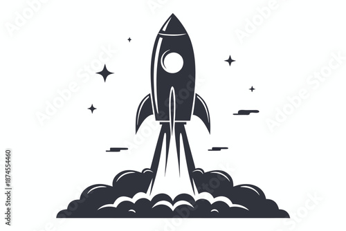 Isolated monochrome rocket launching emits cloud puffs with stars on a transparent backdrop