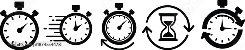 Five stopwatch icons with hourglass on isolated on transparent background