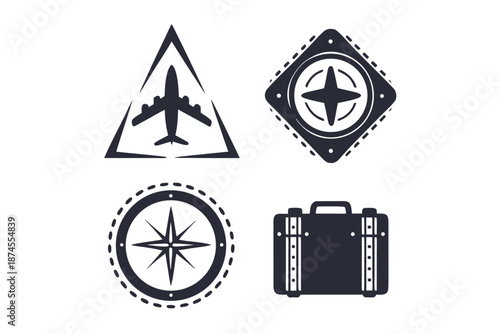 Isolated travel icons show airplane, suitcase, and compass on a white background