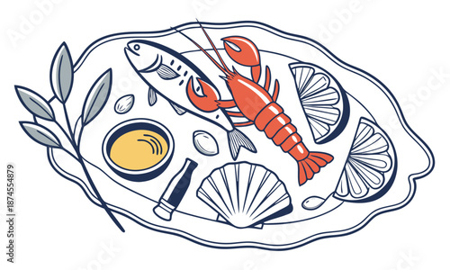 Seafood platter illustration. Fresh Lobster, Fish, Oysters, Mussels, and Lemon line art. Hand Drawn Sketch for Menu Design, Recipe, and Gourmet Meal Graphic. Bright & Fresh Style.