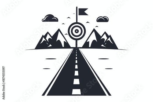 Long road stretches to a mountain range goal under clouds and flying birds