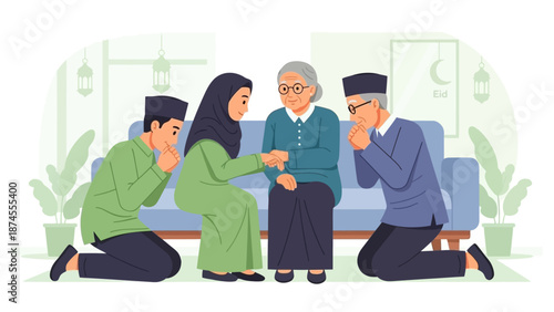 A heartwarming flat design illustration depicting a young Muslim couple respectfully asking for forgiveness from their elders during Idul Fitri
