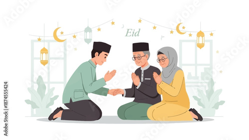 A heartwarming flat design illustration depicting a young Muslim couple respectfully asking for forgiveness from their elders during Idul Fitri