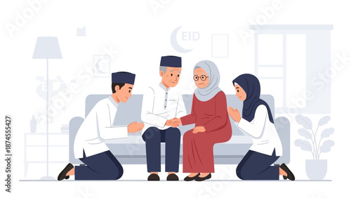 A heartwarming flat design illustration depicting a young Muslim couple respectfully asking for forgiveness from their elders during Idul Fitri