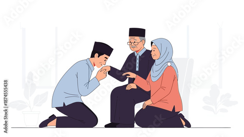 A heartwarming flat design illustration depicting a young Muslim couple respectfully asking for forgiveness from their elders during Idul Fitri