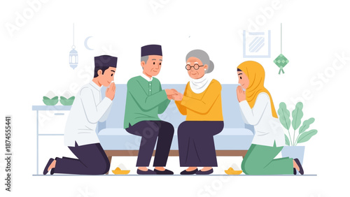 A heartwarming flat design illustration depicting a young Muslim couple respectfully asking for forgiveness from their elders during Idul Fitri