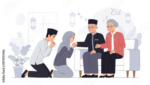 A heartwarming flat design illustration depicting a young Muslim couple respectfully asking for forgiveness from their elders during Idul Fitri