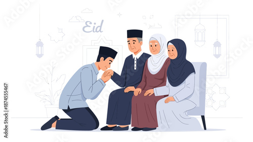 A heartwarming flat design illustration depicting a young Muslim couple respectfully asking for forgiveness from their elders during Idul Fitri