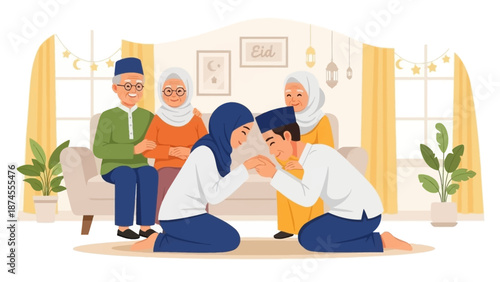 A heartwarming flat design illustration depicting a young Muslim couple respectfully asking for forgiveness from their elders during Idul Fitri