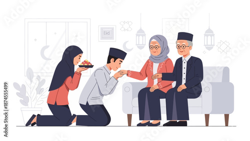 A heartwarming flat design illustration depicting a young Muslim couple respectfully asking for forgiveness from their elders during Idul Fitri