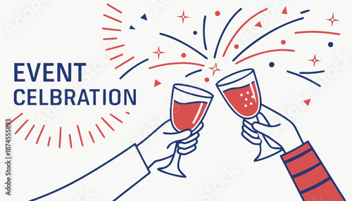 Clinking wine and champagne glasses. Celebration vector illustration. Festive toast party cheers. Holiday event background