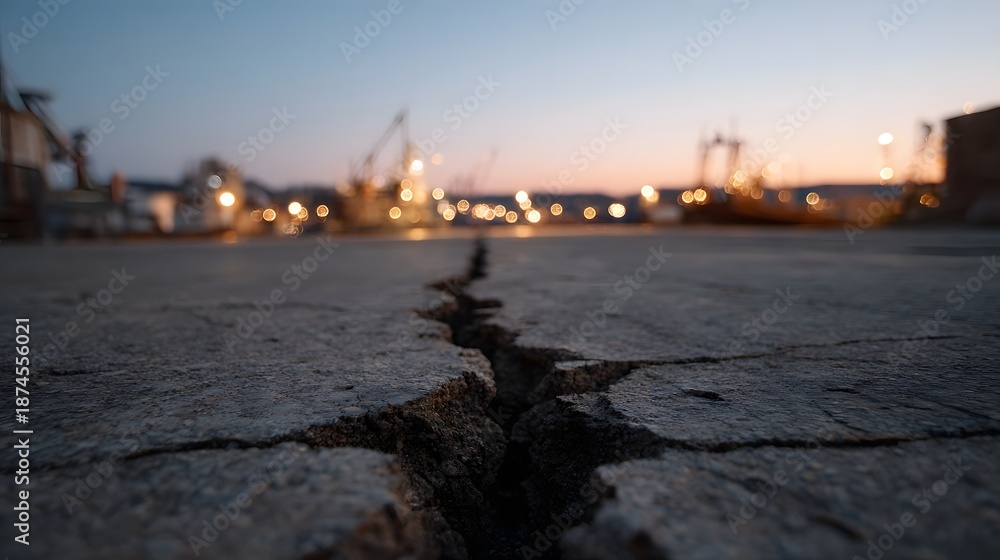 Obraz premium Deep crack in concrete surface at twilight harbor with blurred industrial lights