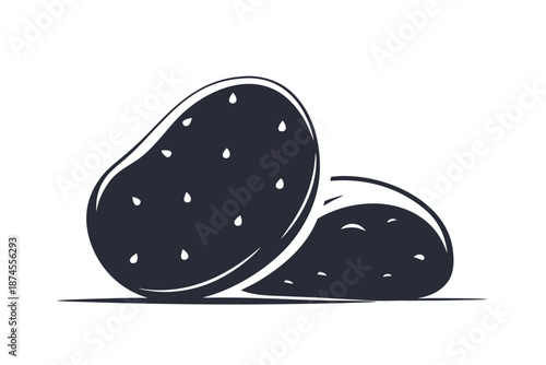 Monochrome cherimoya fruits cluster with intricate striped texture resting beside stylized foliage on a plain background