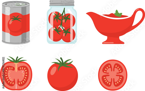 Fresh tomato illustration with canned tomatoes, jarred preserved tomatoes, tomato sauce, whole tomato, sliced tomato, organic vegetable food design