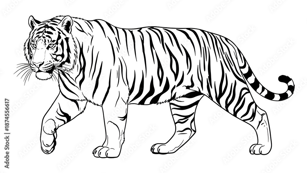 Obraz premium Black and white tiger illustration walking to the left on plain transparent background