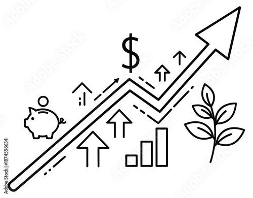 Piggy bank dollar sign bar chart and growing plant line art growth finance