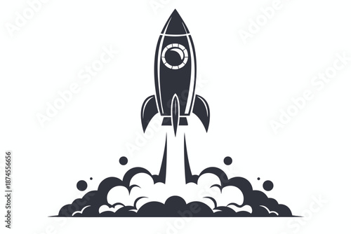 Monochrome rocketship ascends dramatically amidst a cloud of smoke on a plain white background