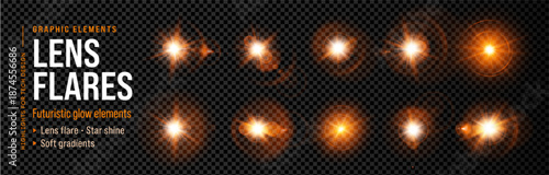 Lens flare light orange with sparkle effect ray and background glow flash burst. Camera shine star with sun glare spark explosion and spotlight bright radiance.