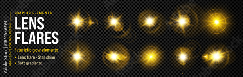 Lens flare light yellow with sparkle effect ray and background glow flash burst. Camera shine star with sun glare spark explosion and spotlight bright radiance.