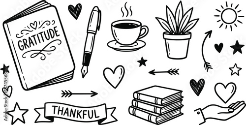 Journaling doodles and gratitude elements set vector design
