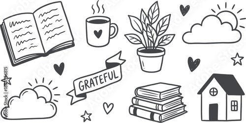 Journaling doodles and gratitude elements set vector design