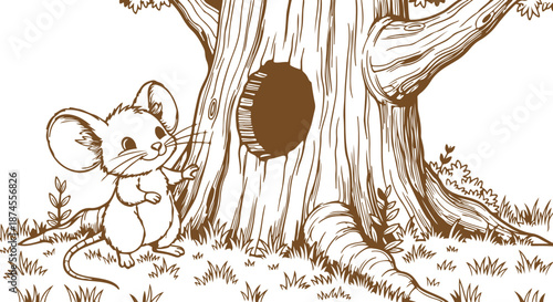 Vintage storybook illustration depicts a small cartoon mouse peeking curiously from beside the base of a large, dark, textured tree trunk in a simple natural setting.