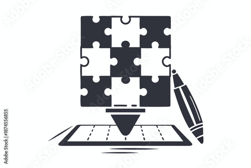 Nine puzzle pieces above a paper with pen create an intriguing monochromatic tableau