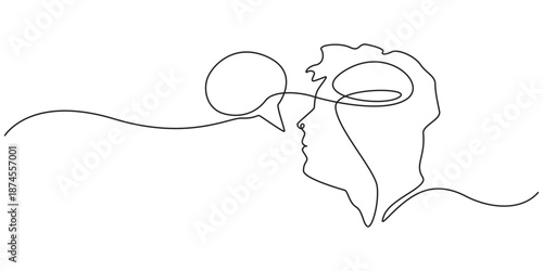 Continuous one line drawing of head with speech bubble. Concept of confused feelings worried about bad mental health. Editable stroke. Doodle vector illustration