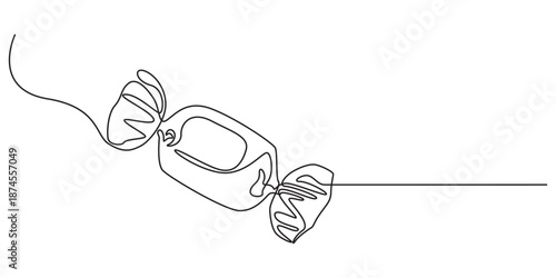 Candy in one continuous line drawing, Caramel and chocolate sweet in wrapper paper symbol for candy shop concept or web banner in simple linear style. Contour icon. Doodle vector illustration