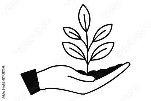 Outline of Hand Holding Young Plant with Soil on White Background