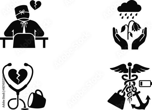 Compassion fatigue icons set for medical burnout concept