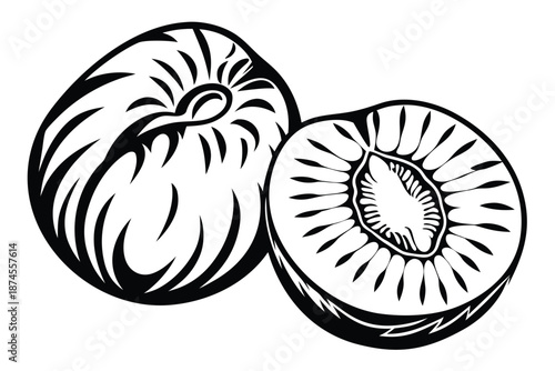Plum and Half Plum in Bold Black Lines on White Background