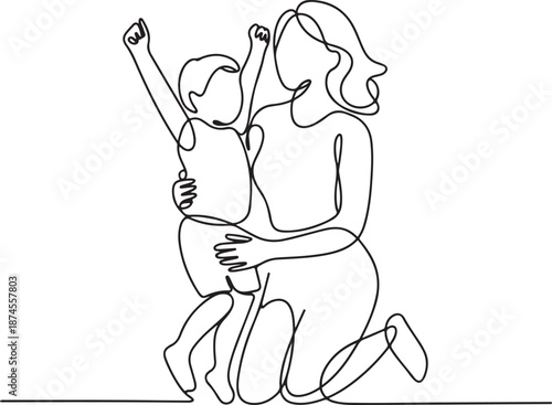 A mother kneeling happily holds her child aloft in a joyful illustration from a side view