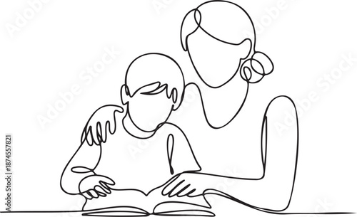 Mother and Child Reading Together at Table Illustration